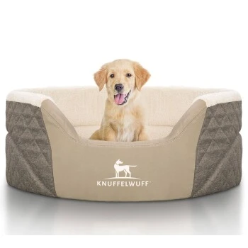 Knuffelwuff Orthopädisches Hundebett Lena Aus Velours Und Kunstleder Mit Hohem Schaumstoffrand Braun/ Beige XL 5 Knuffelwuff Orthopädisches Hundebett Lena Aus Velours Und Kunstleder Mit Hohem Schaumstoffrand Braun/ Beige XL – Bild 5